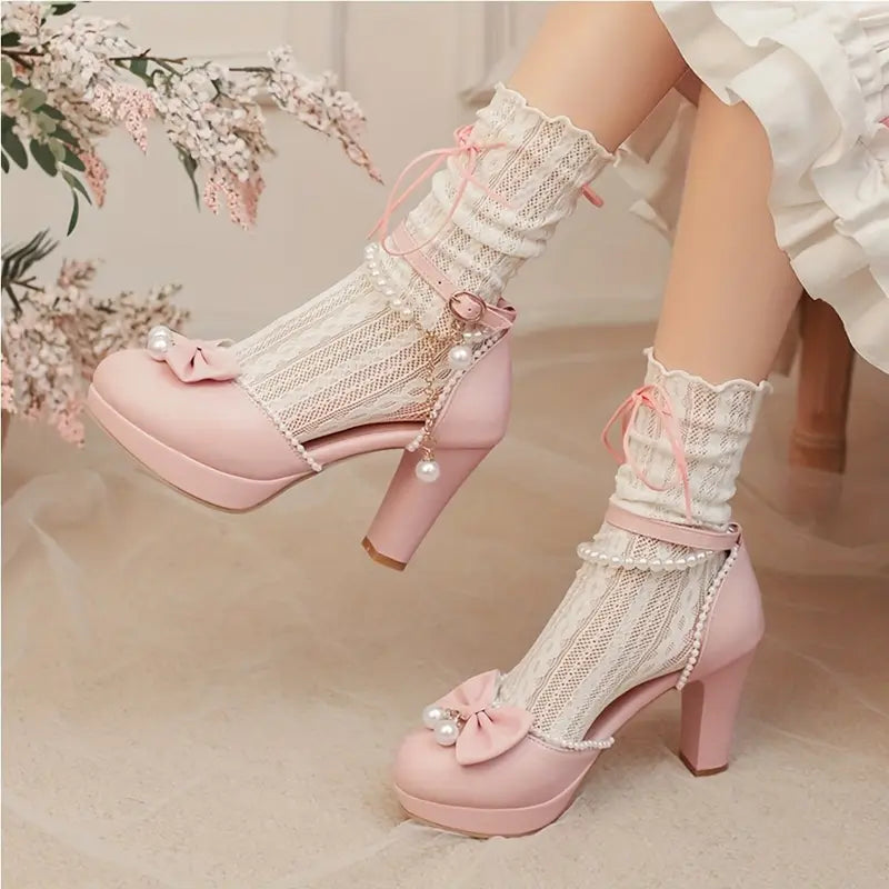 Sweet Style Round Toe Mid-Heel Pumps with Double Adjustable Ankle Straps