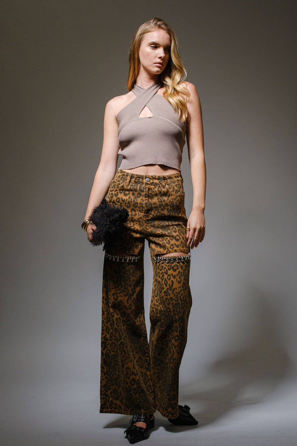 Blue B Dark Leopard Print Cut-Out Rhinestone Jeans