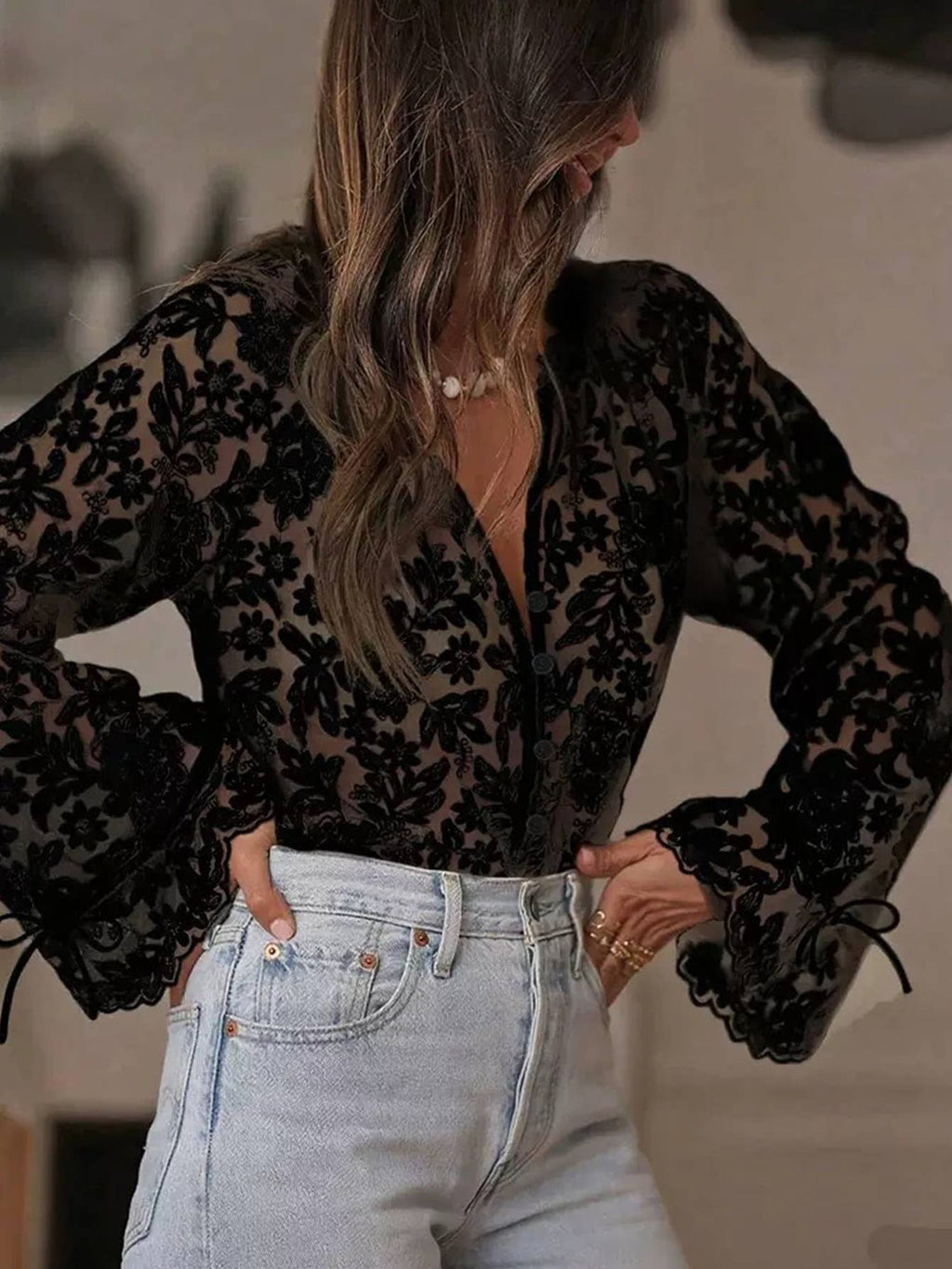 Black Lace Embellished Top
