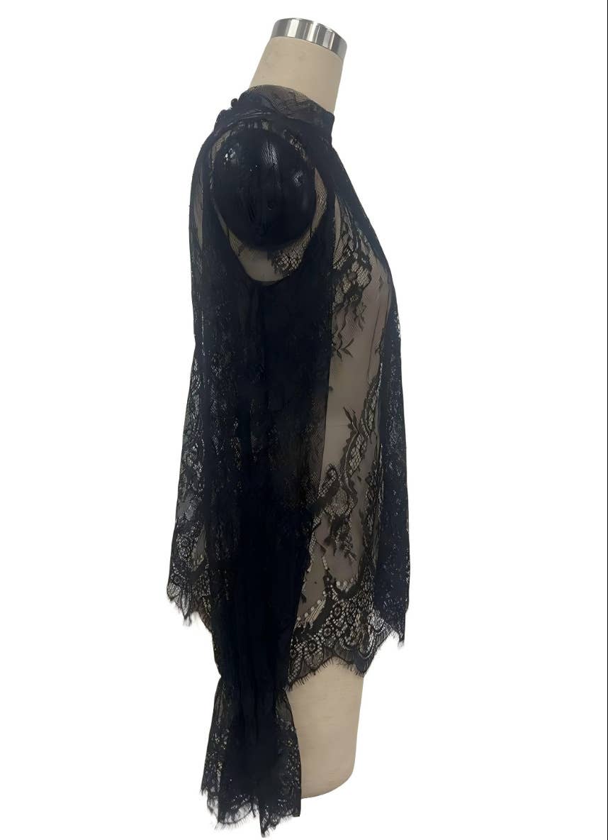 Black Sheer Lace Bell Sleeve Blouse
