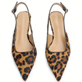 Leopard Print Slingback Kitten Heels – Pointed Toe Low Block Heel Pumps with Adjustable Buckle Strap