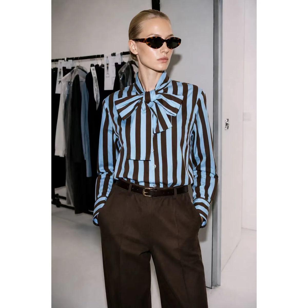 Brown Sky Blue Vertical Stripe Pussy Bow Button Down Long Sleeve One Size Blouse