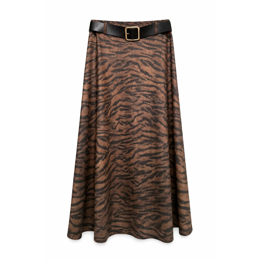 Brown Tiger Print Belted Long One Size Sueded Skirt