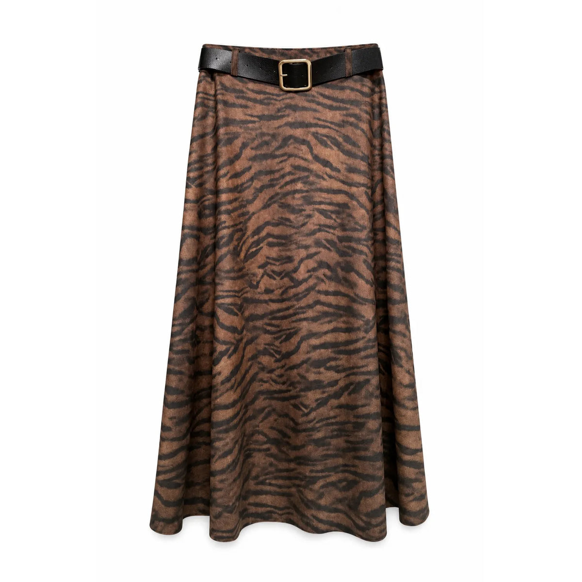 Brown Tiger Print Belted Long One Size Sueded Skirt