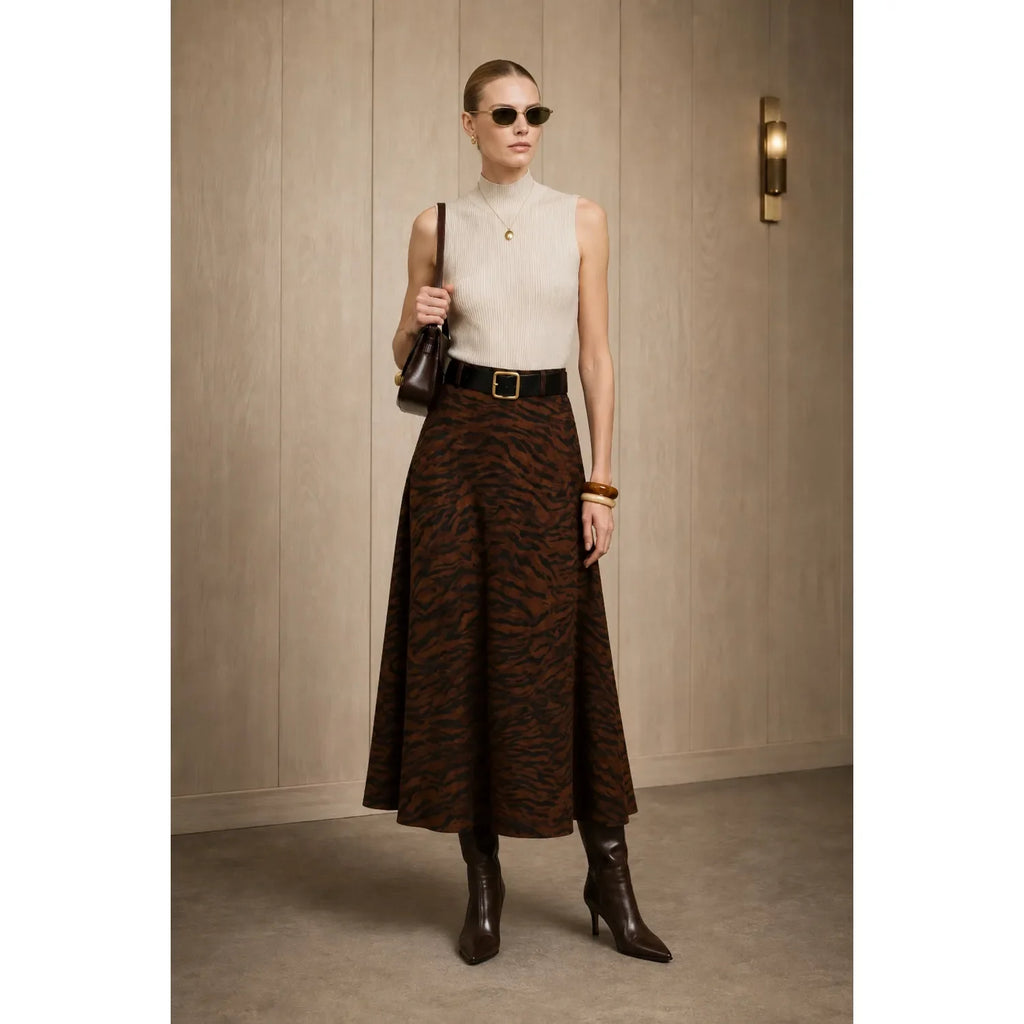 Brown Tiger Print Belted Long One Size Sueded Skirt