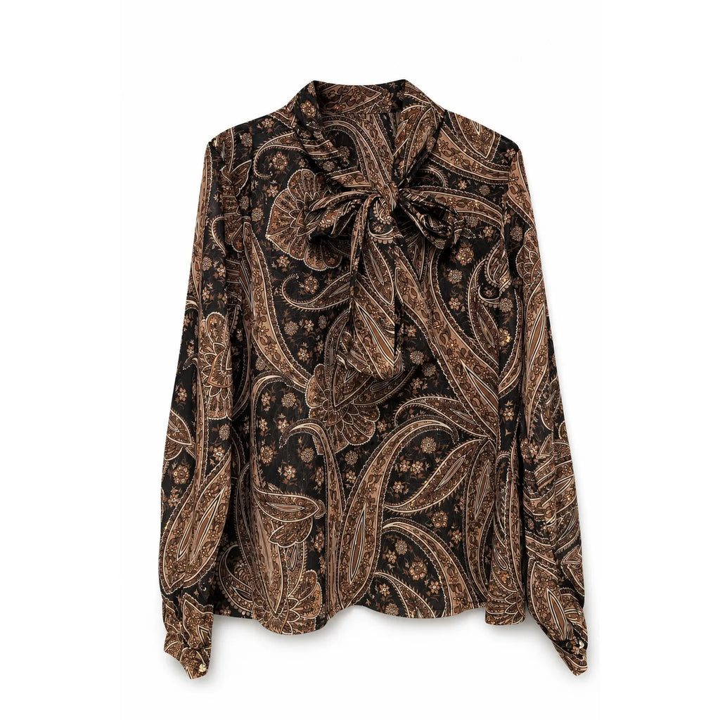 Black Brown Paisley Print Bow Tie Neck Long Sleeve One Size Blouse