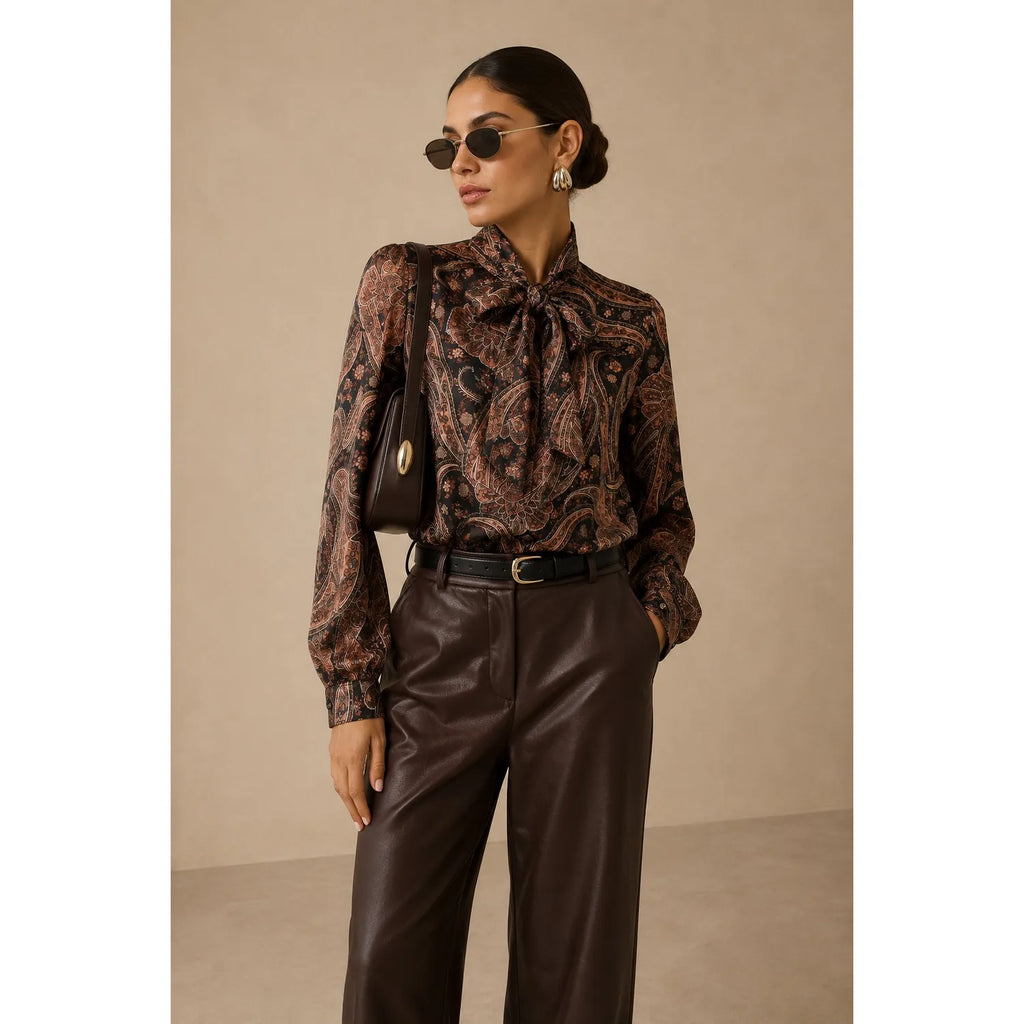 Black Brown Paisley Print Bow Tie Neck Long Sleeve One Size Blouse