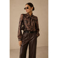 Black Brown Paisley Print Bow Tie Neck Long Sleeve One Size Blouse