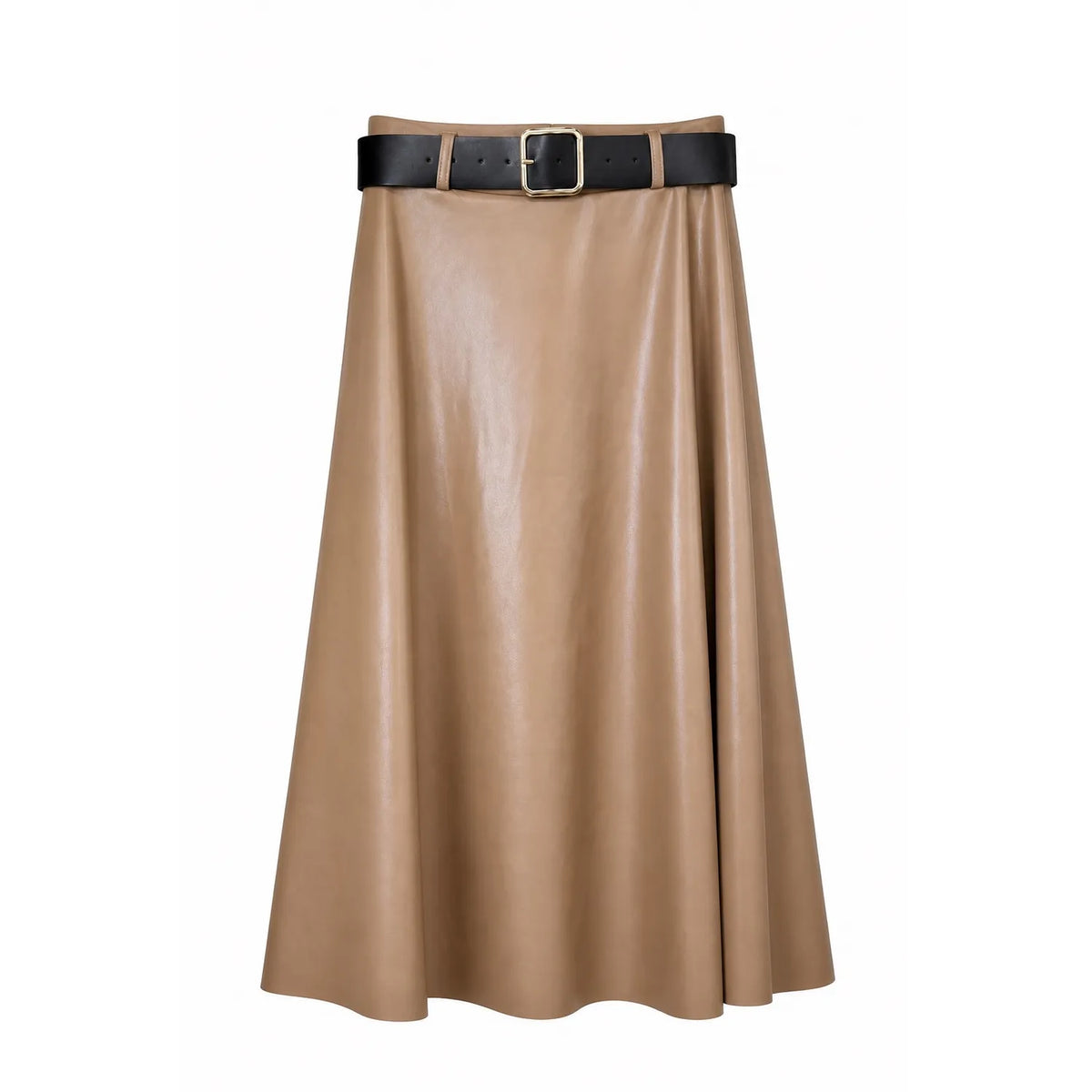 Camel Faux Leather High Waist Belted Flared Long One Size Skirt