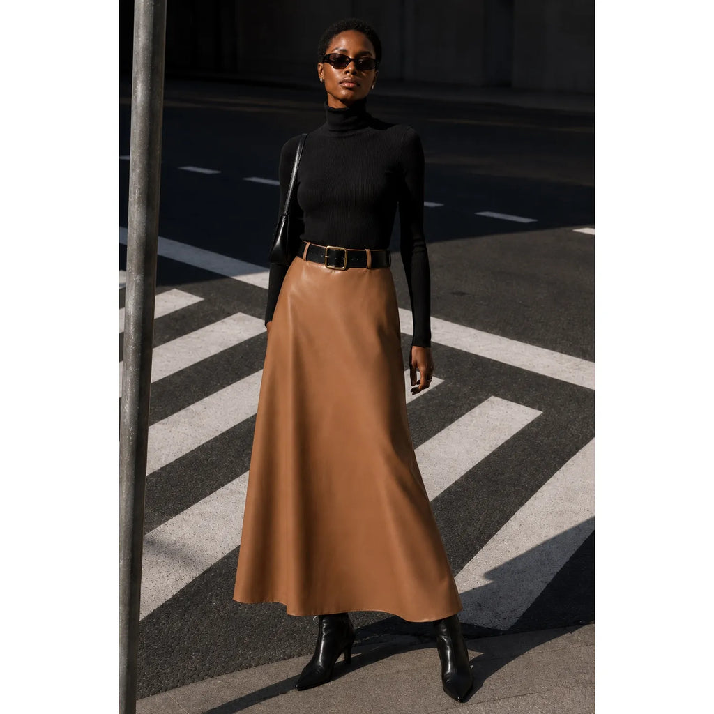 Camel Faux Leather High Waist Belted Flared Long One Size Skirt
