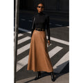 Camel Faux Leather High Waist Belted Flared Long One Size Skirt