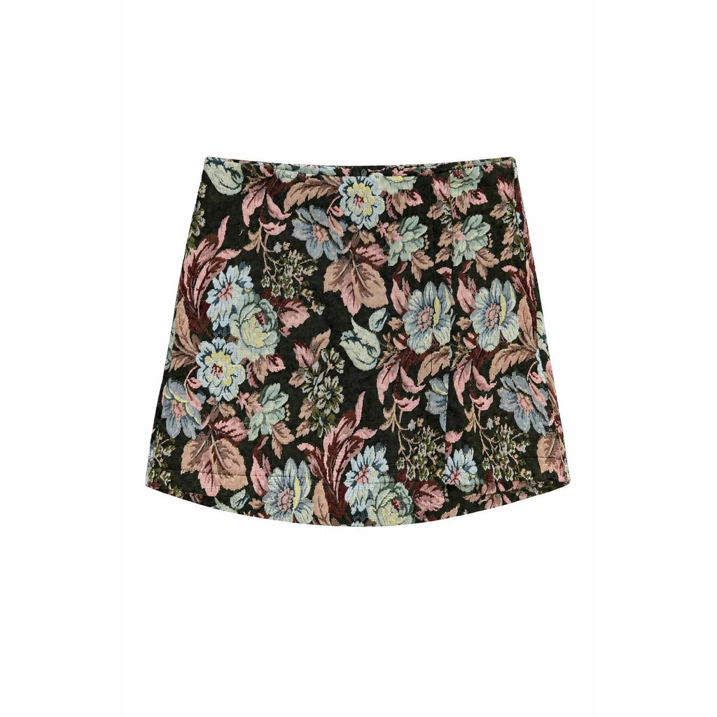 Black Botanical Floral Tapestry Jacquard Mini One Size Skirt