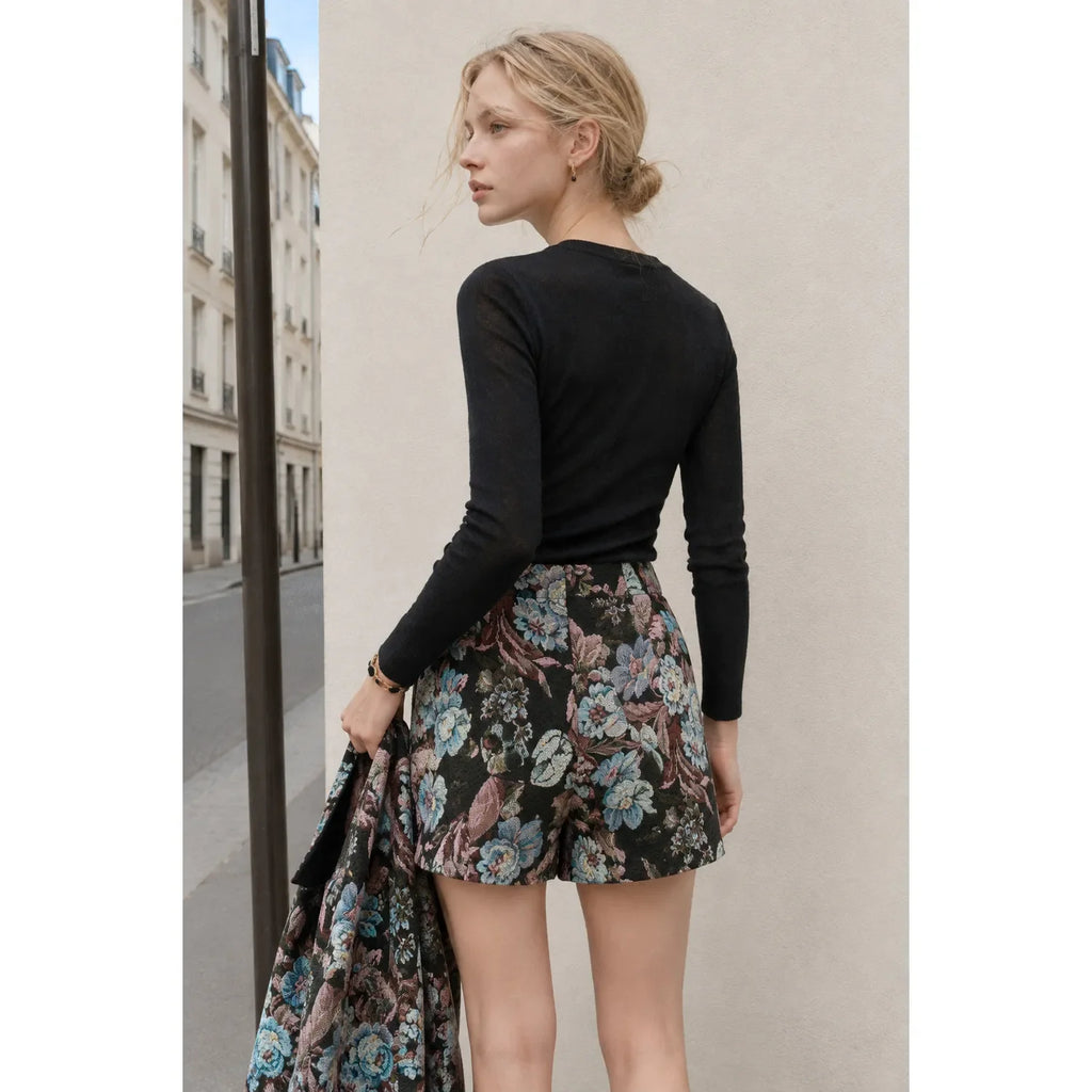 Black Botanical Floral Tapestry Jacquard Mini One Size Skirt