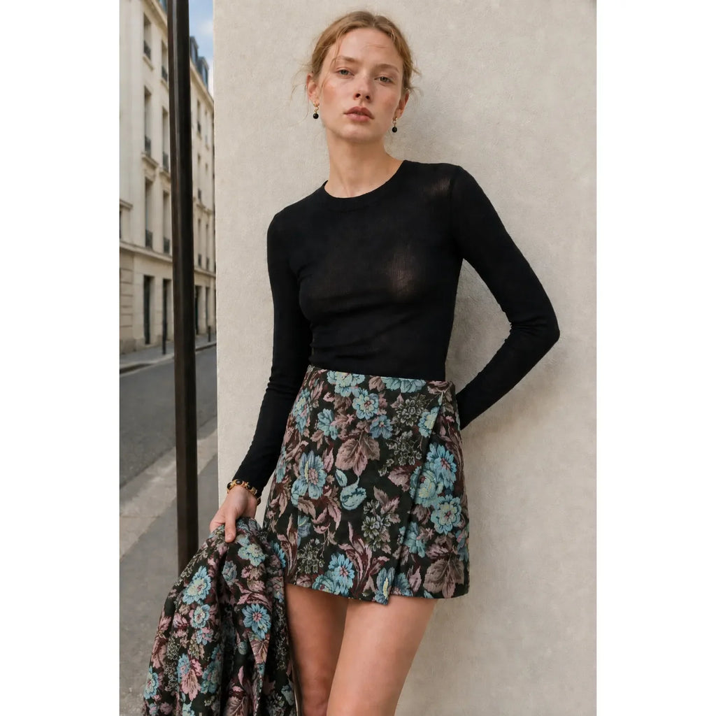 Black Botanical Floral Tapestry Jacquard Mini One Size Skirt