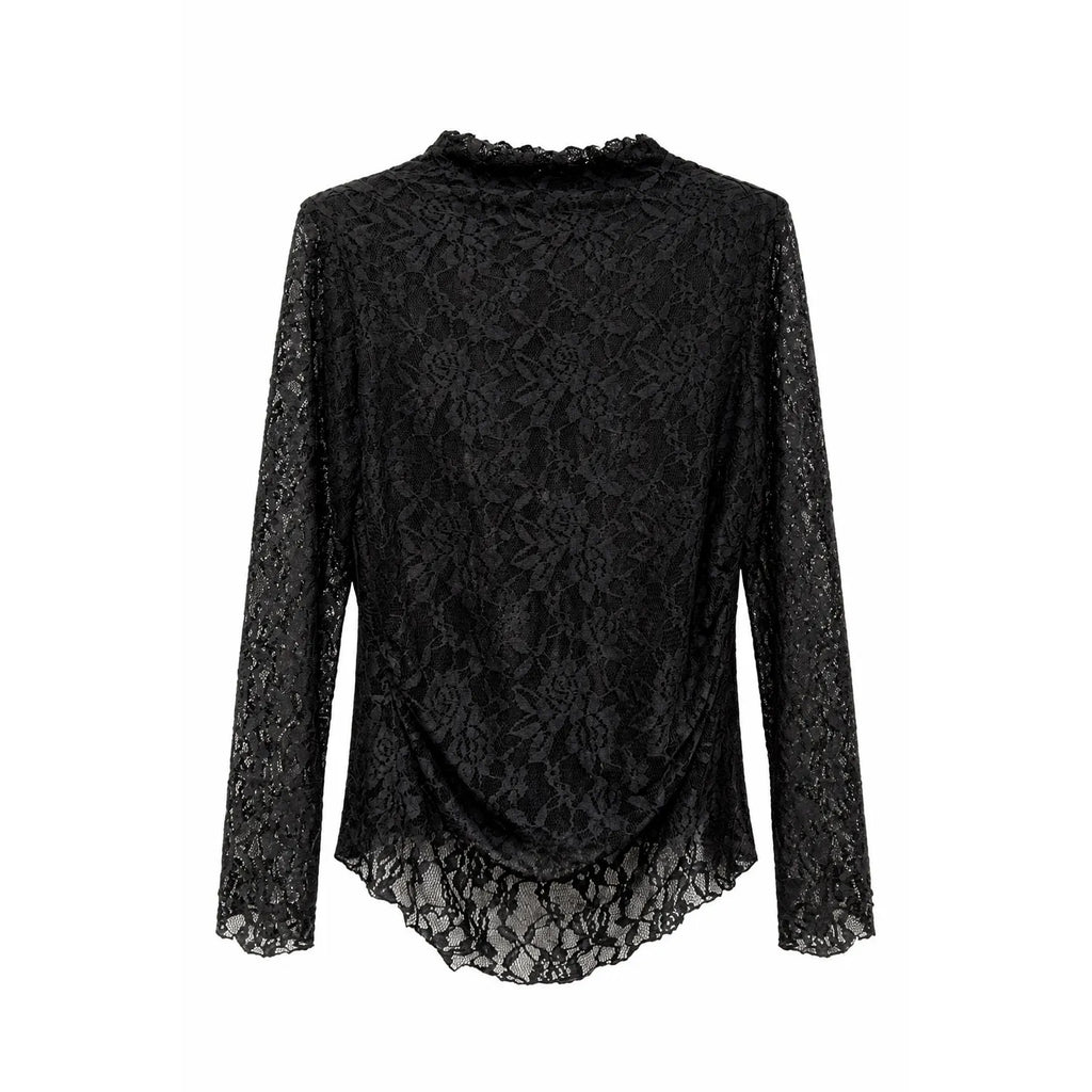 Black Floral Lace Mock Neck Long Sleeve Ruched Hem One Size Top