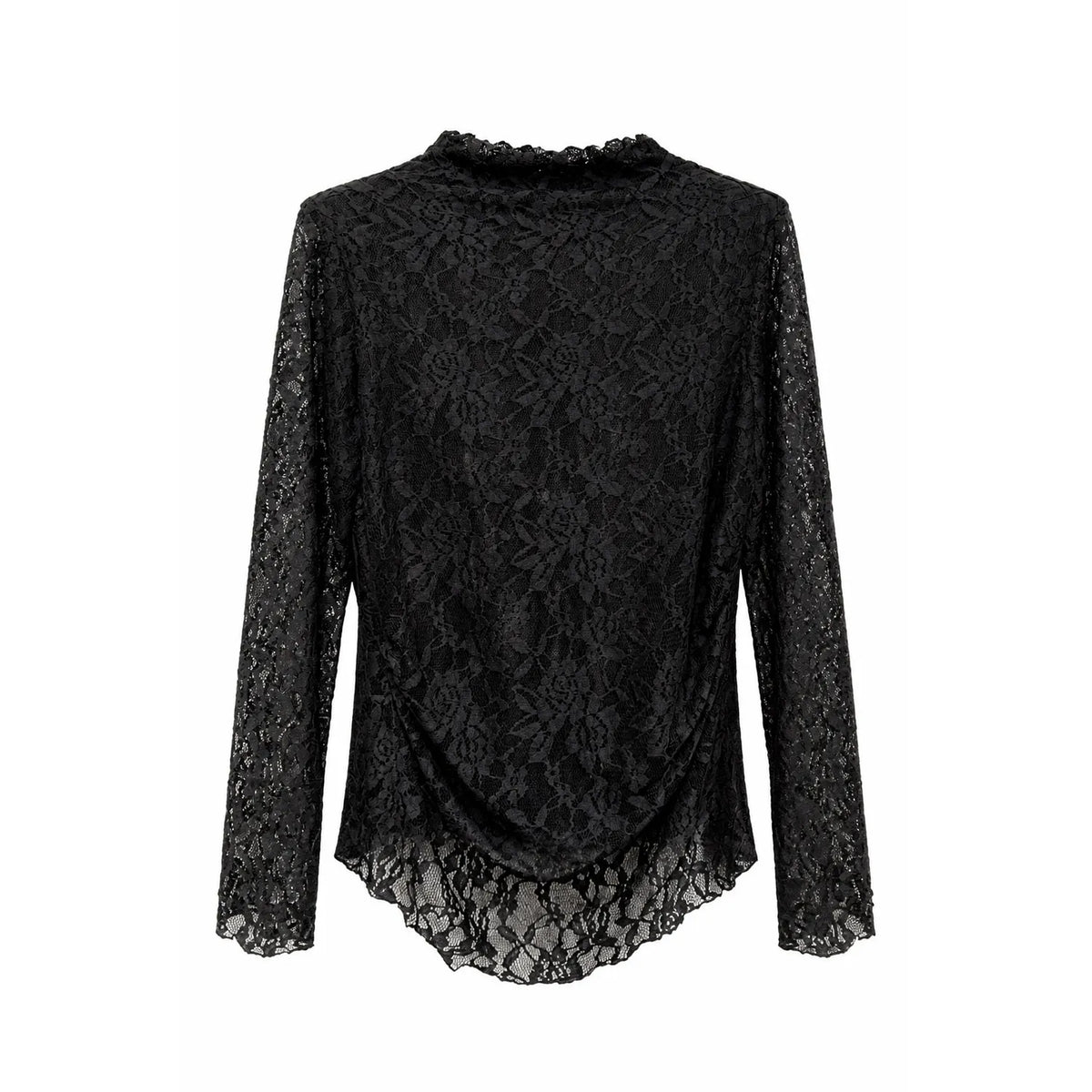 Black Floral Lace Mock Neck Long Sleeve Ruched Hem One Size Top