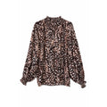 Brown Ditsy Floral Chiffon Ruffle Neck Tie Balloon Sleeve One Size Blouse