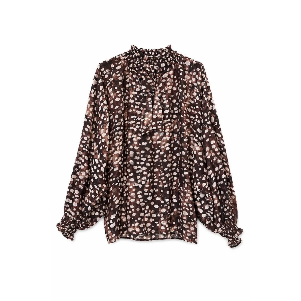 Brown Ditsy Floral Chiffon Ruffle Neck Tie Balloon Sleeve One Size Blouse