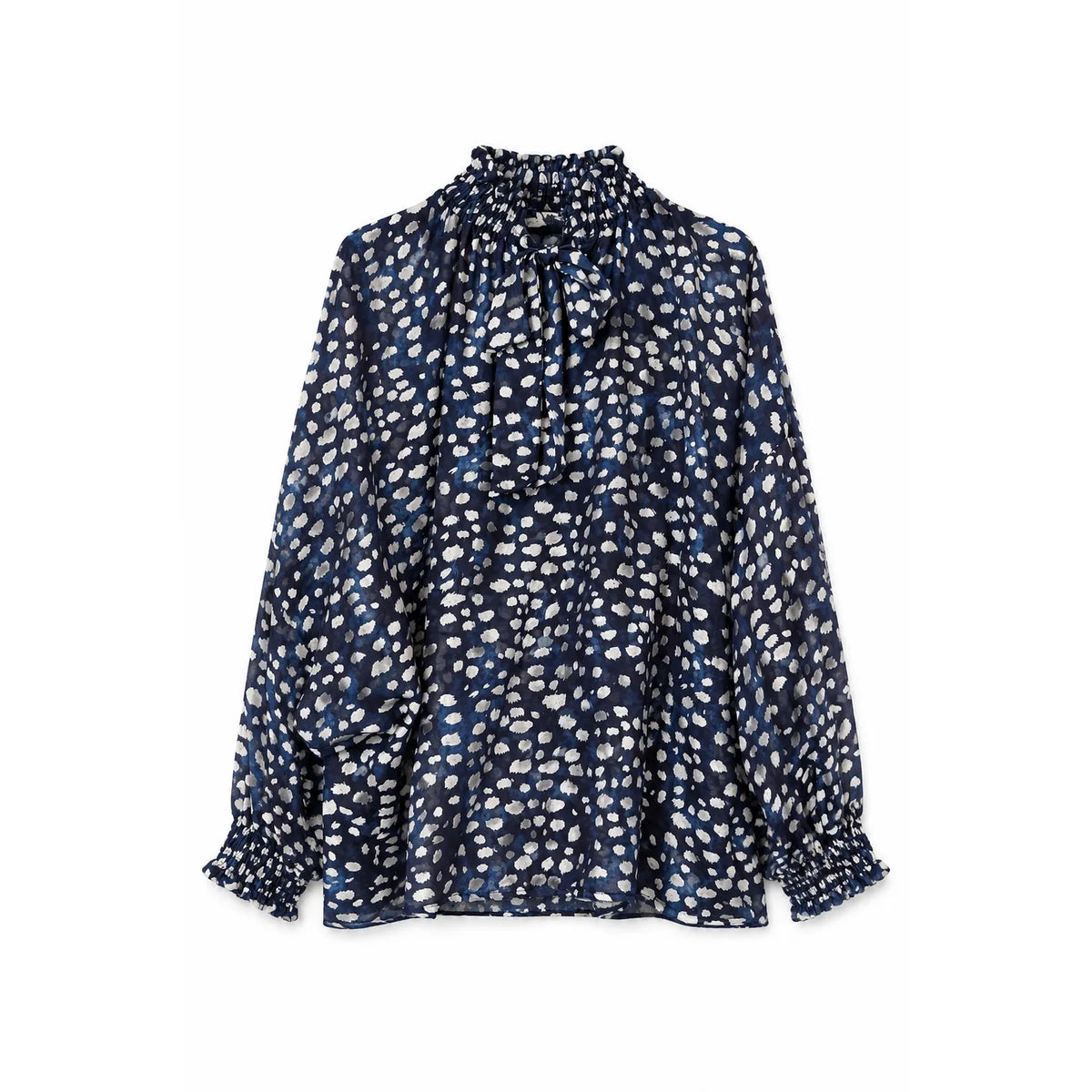 Blue Ditsy Floral Chiffon Ruffle Neck Tie Balloon Sleeve One Size Blouse