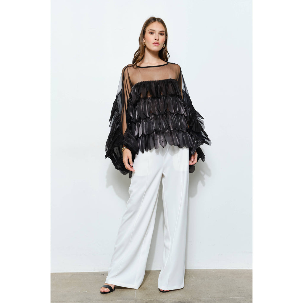 Black Shimmer Organza Scallop Ruffle Layered Blouse