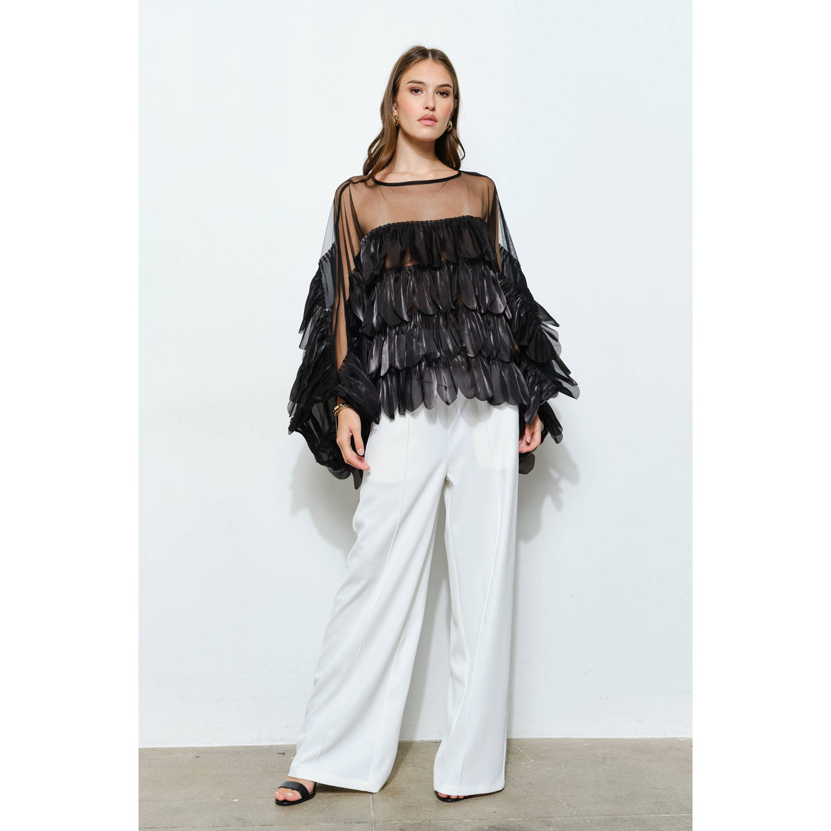 Black Shimmer Organza Scallop Ruffle Layered Blouse