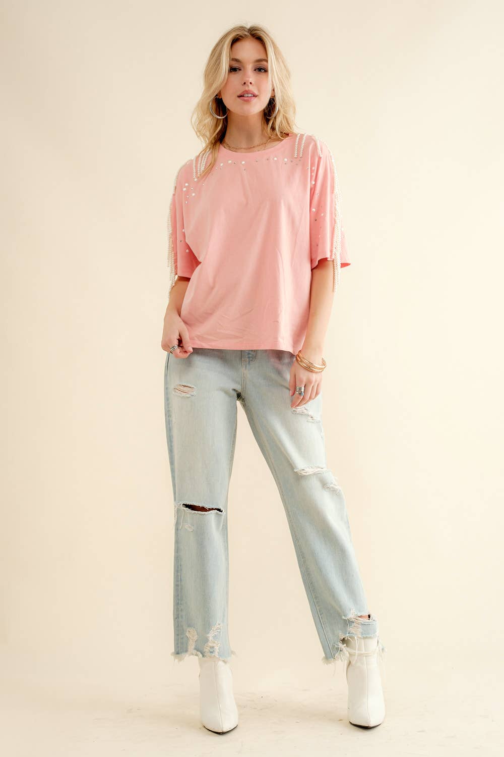 Blue B Pearl Fringe Shoulder T Shirt