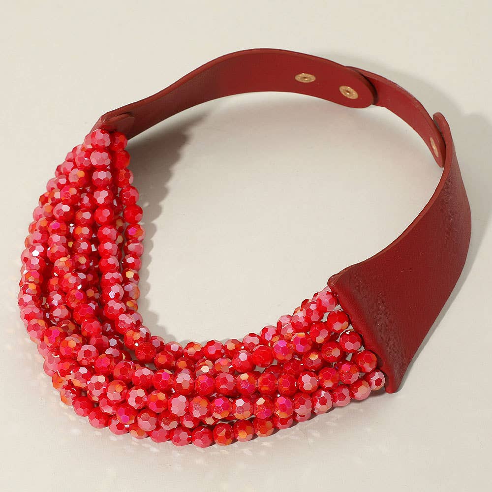 Chunky Acrylic Beaded Multi Layered Faux Leather Necklace