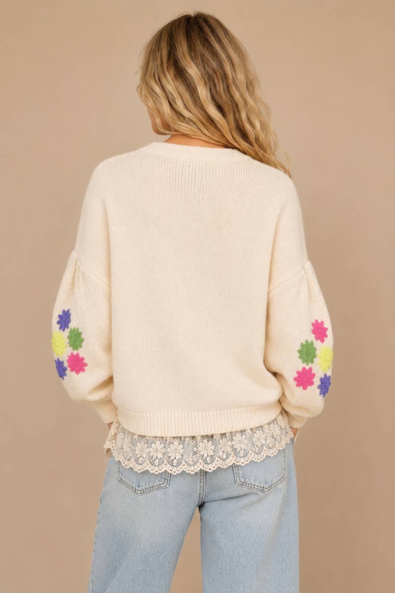 Cream Floral Embroidered Knit Sweater Top