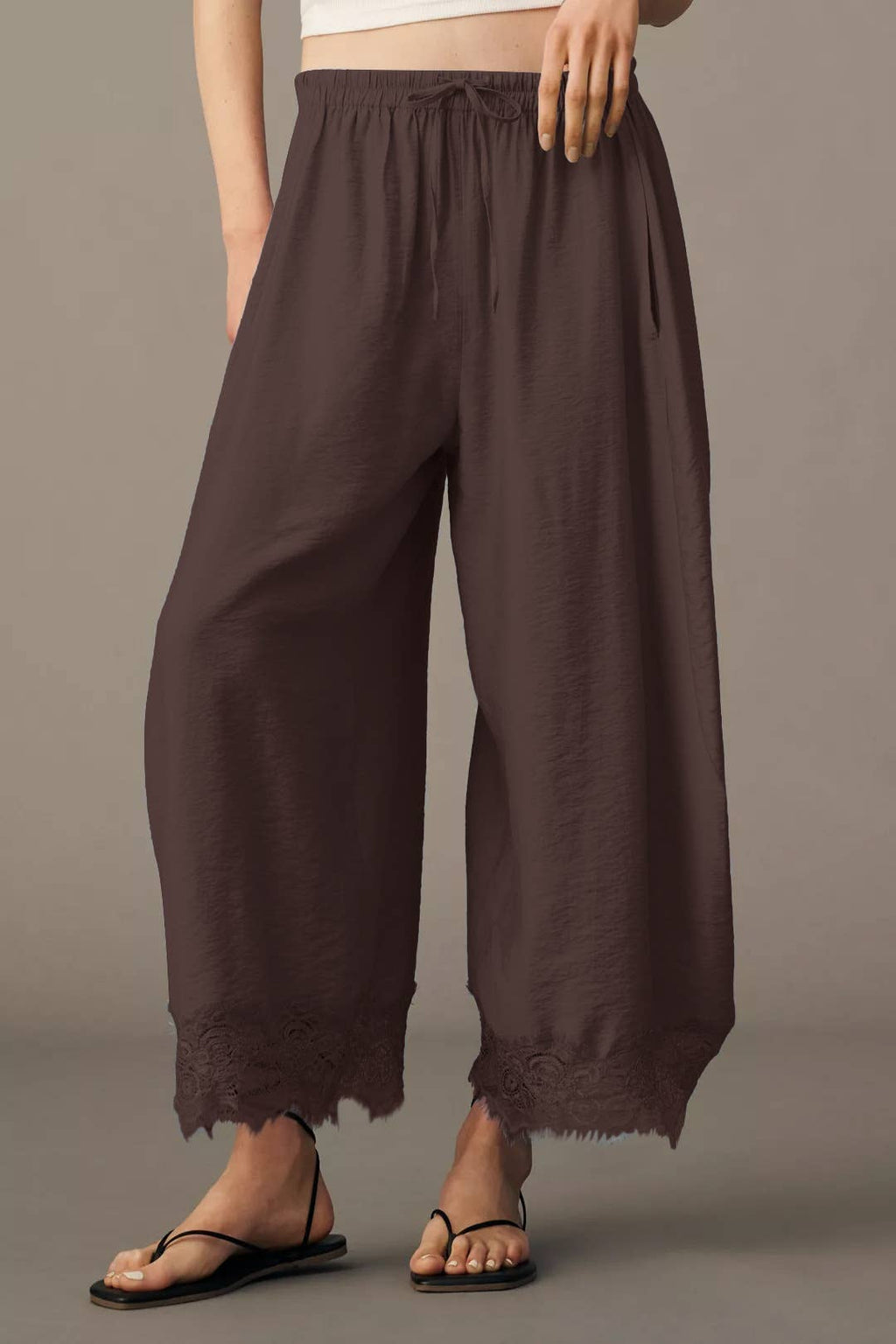 Brown Lace Trim Wide Leg Pants