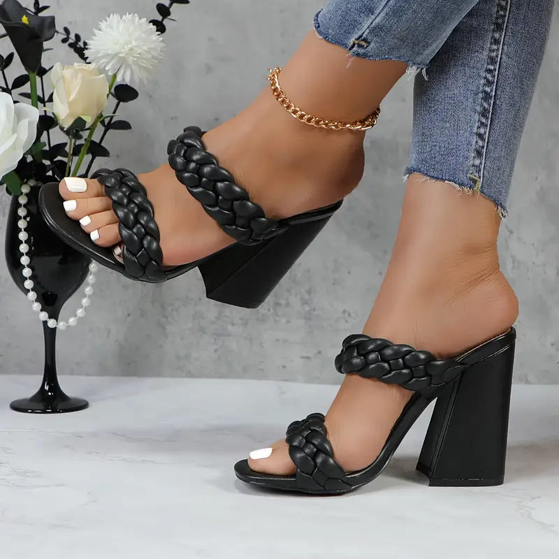 Braided Block Heel Mules – Slip-On Strappy Open-Toe Sandals with Backless Design