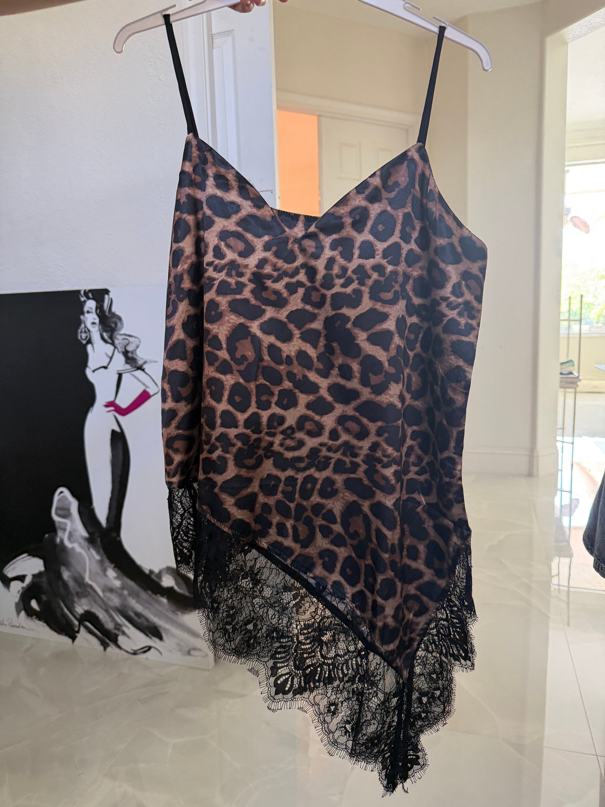 Coffee Leopard Lace Trim Asymmetric Cami Top