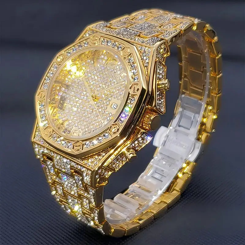 Gold Watches For Men Full Iced Diamond Men’s Quartz Watch Luxury Fashion Calendar Wristwatch