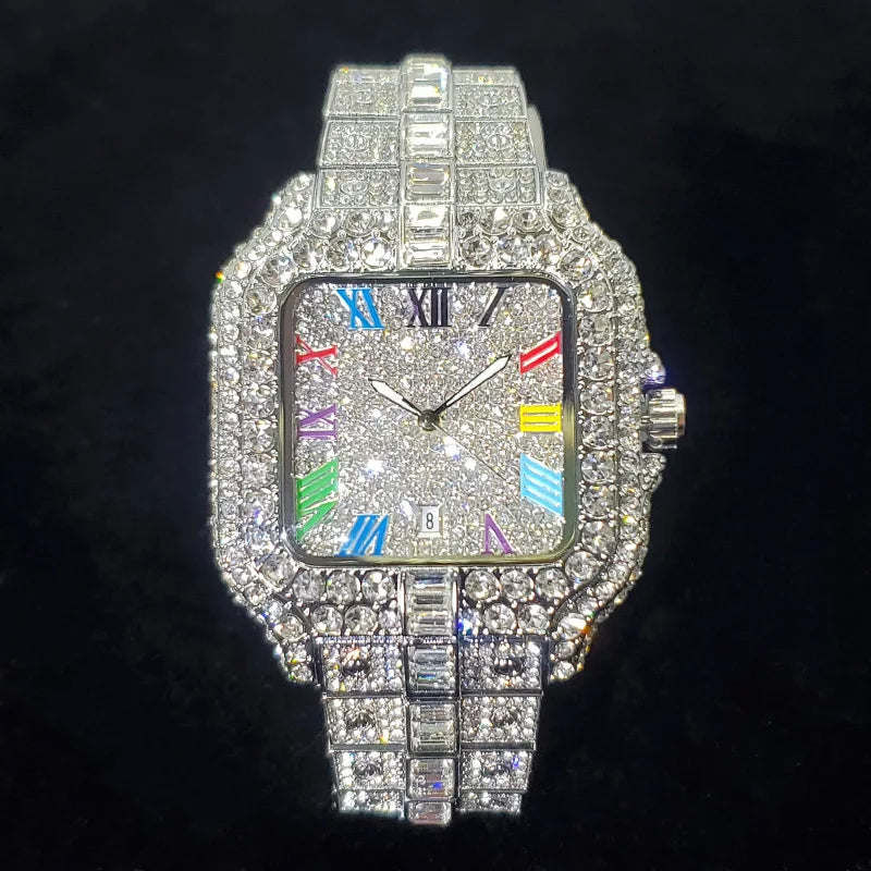 2026 New Luxury Diamond Watch Men Fashion Iced Out Square Colorful Number Watches Hip Hop Bling Jewelry Reloj Hombre for Party