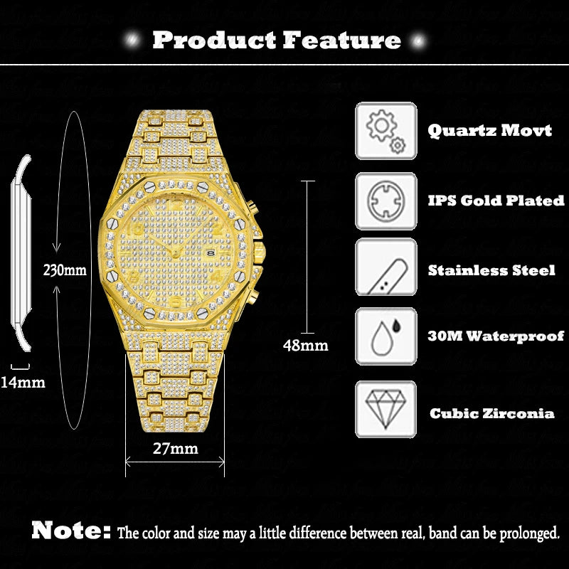 Gold Watches For Men Full Iced Diamond Men’s Quartz Watch Luxury Fashion Calendar Wristwatch