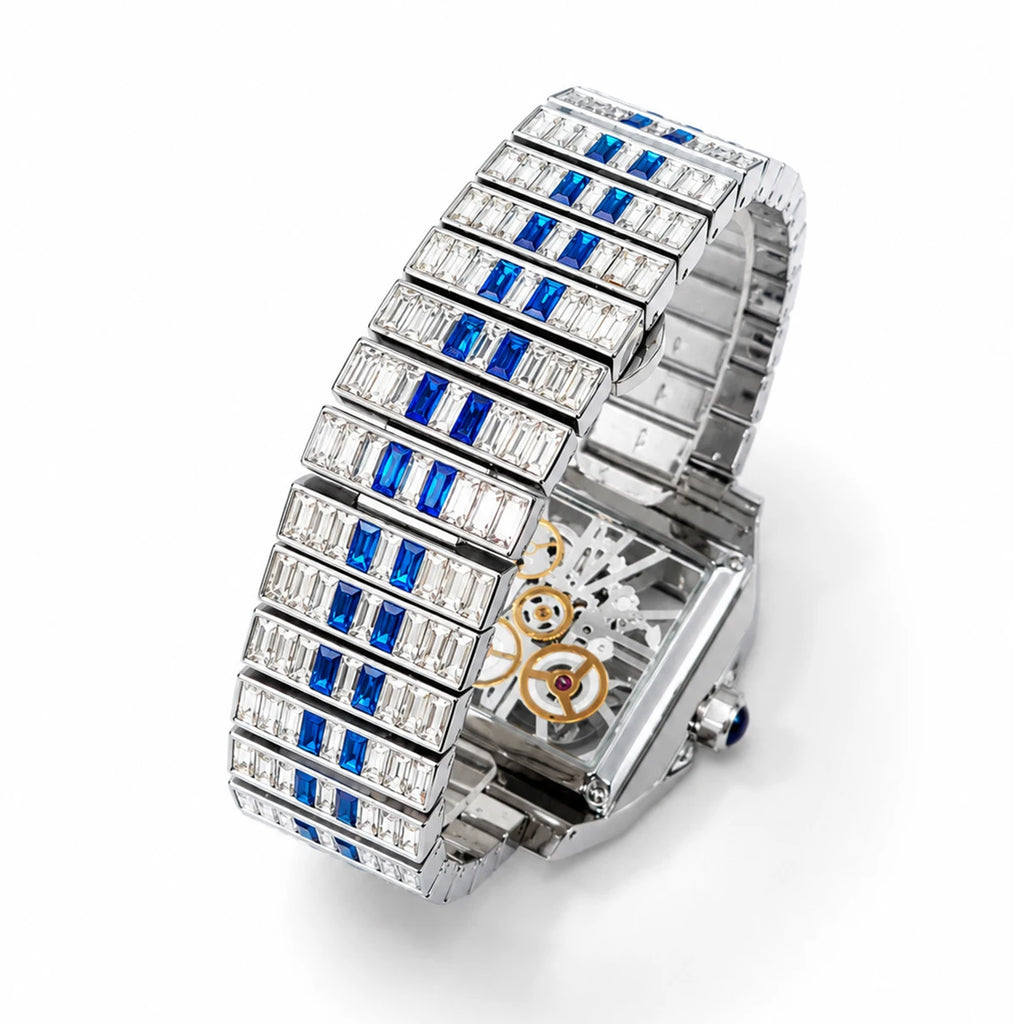 Men’s Blue Watches Sport Luxury Style Quartz Watches For Man Iced Rectangular Diamond Unique Square Hand Clock