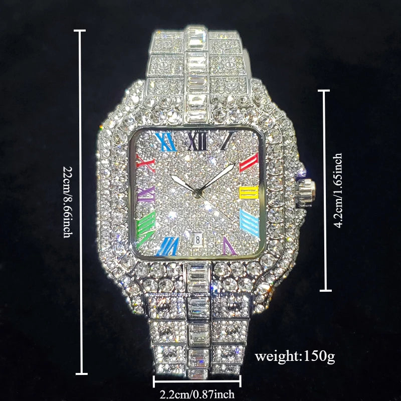 2026 New Luxury Diamond Watch Men Fashion Iced Out Square Colorful Number Watches Hip Hop Bling Jewelry Reloj Hombre for Party