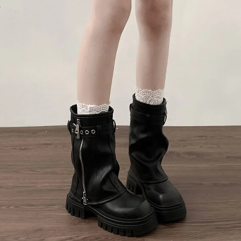 Winter Women Biker Boots Fashion Belt Buckle Ladies Elegant Platform Flats Short Booties Casual Women’s Knight Booties