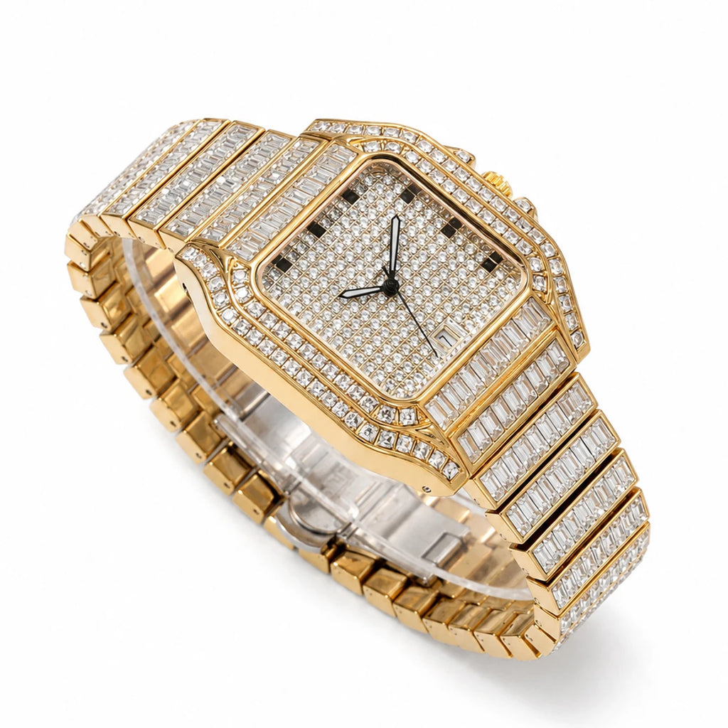Gold Iced Watch For Men Rectangular Gemstone Square Luxury Quartz Watches