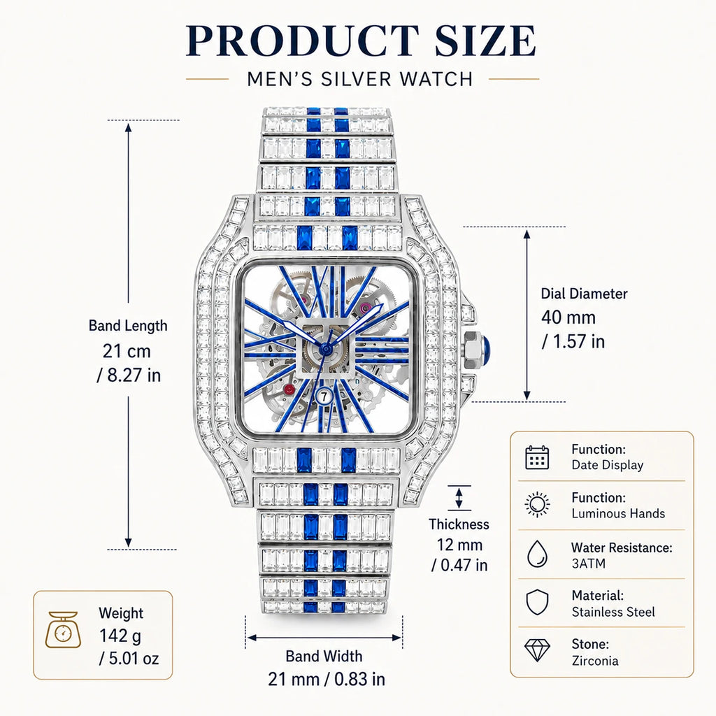 Men’s Blue Watches Sport Luxury Style Quartz Watches For Man Iced Rectangular Diamond Unique Square Hand Clock