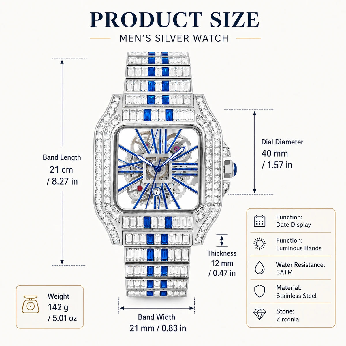 Men’s Blue Watches Sport Luxury Style Quartz Watches For Man Iced Rectangular Diamond Unique Square Hand Clock