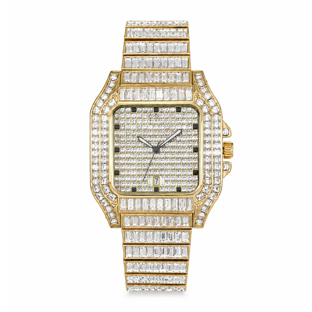 Gold Iced Watch For Men Rectangular Gemstone Square Luxury Quartz Watches