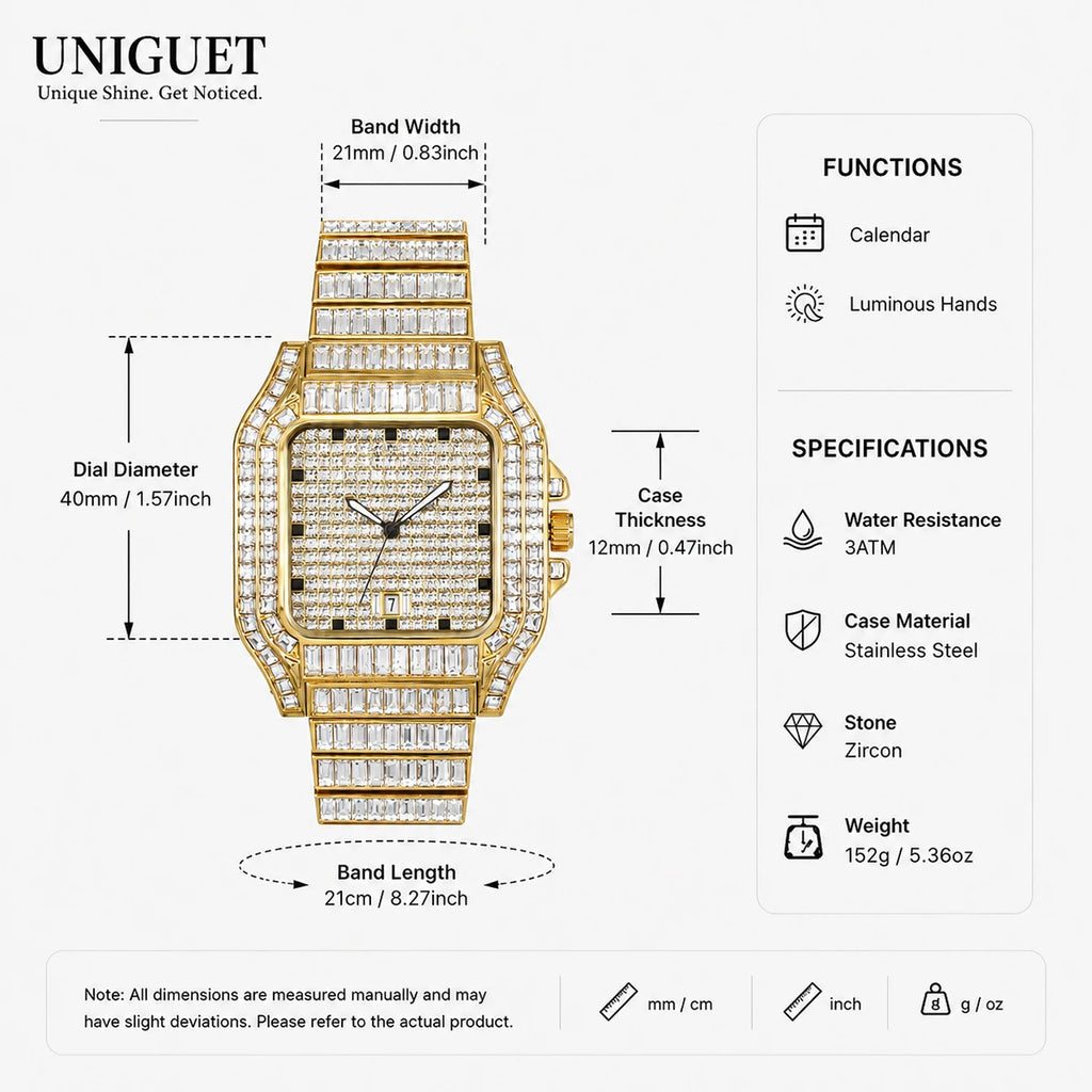 Gold Iced Watch For Men Rectangular Gemstone Square Luxury Quartz Watches