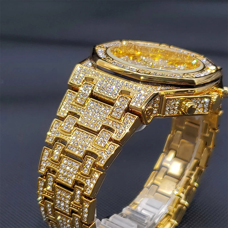 Gold Watches For Men Full Iced Diamond Men’s Quartz Watch Luxury Fashion Calendar Wristwatch