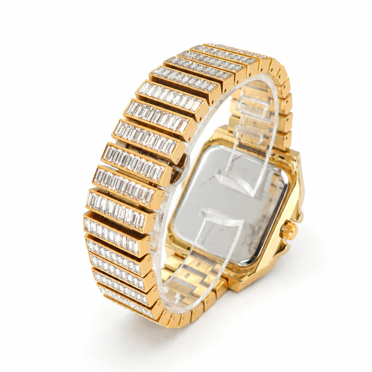 Gold Iced Watch For Men Rectangular Gemstone Square Luxury Quartz Watches