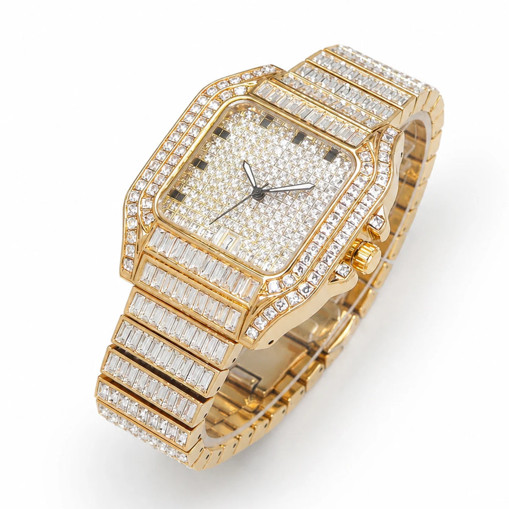 Gold Iced Watch For Men Rectangular Gemstone Square Luxury Quartz Watches