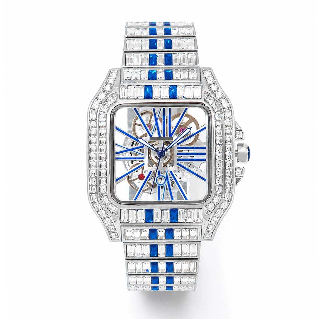 Men’s Blue Watches Sport Luxury Style Quartz Watches For Man Iced Rectangular Diamond Unique Square Hand Clock