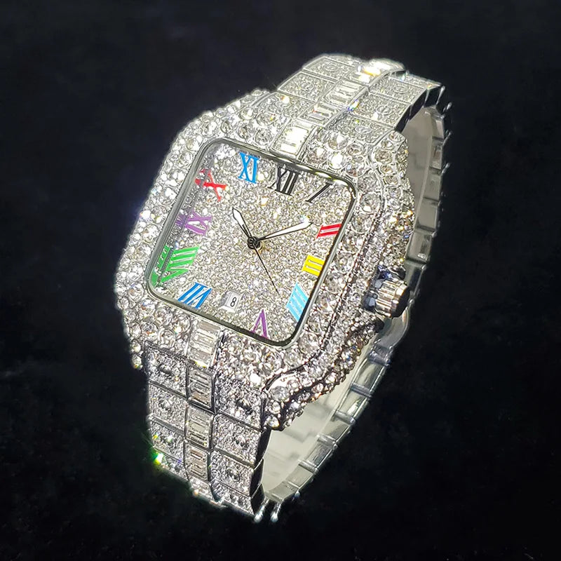 2026 New Luxury Diamond Watch Men Fashion Iced Out Square Colorful Number Watches Hip Hop Bling Jewelry Reloj Hombre for Party
