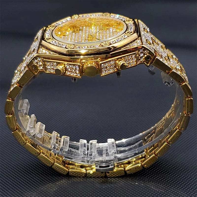 Gold Watches For Men Full Iced Diamond Men’s Quartz Watch Luxury Fashion Calendar Wristwatch