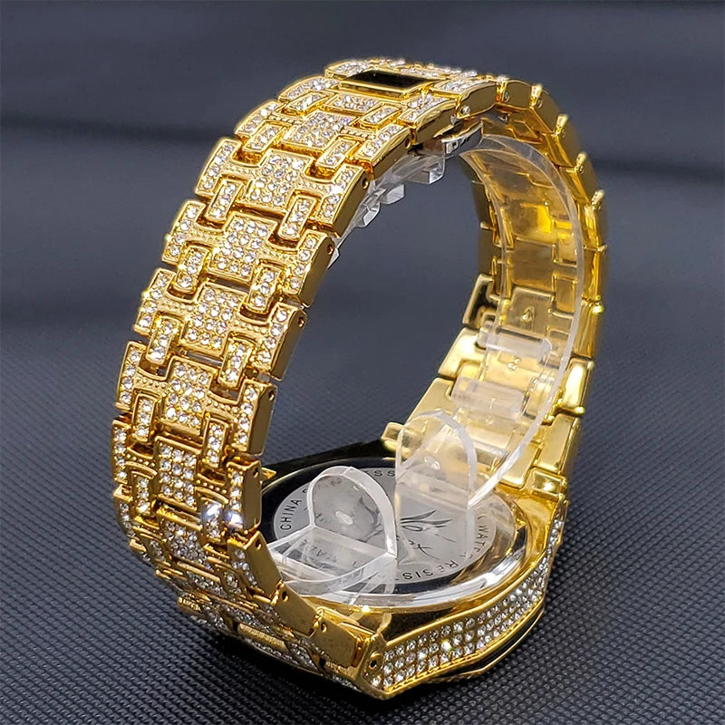 Gold Watches For Men Full Iced Diamond Men’s Quartz Watch Luxury Fashion Calendar Wristwatch