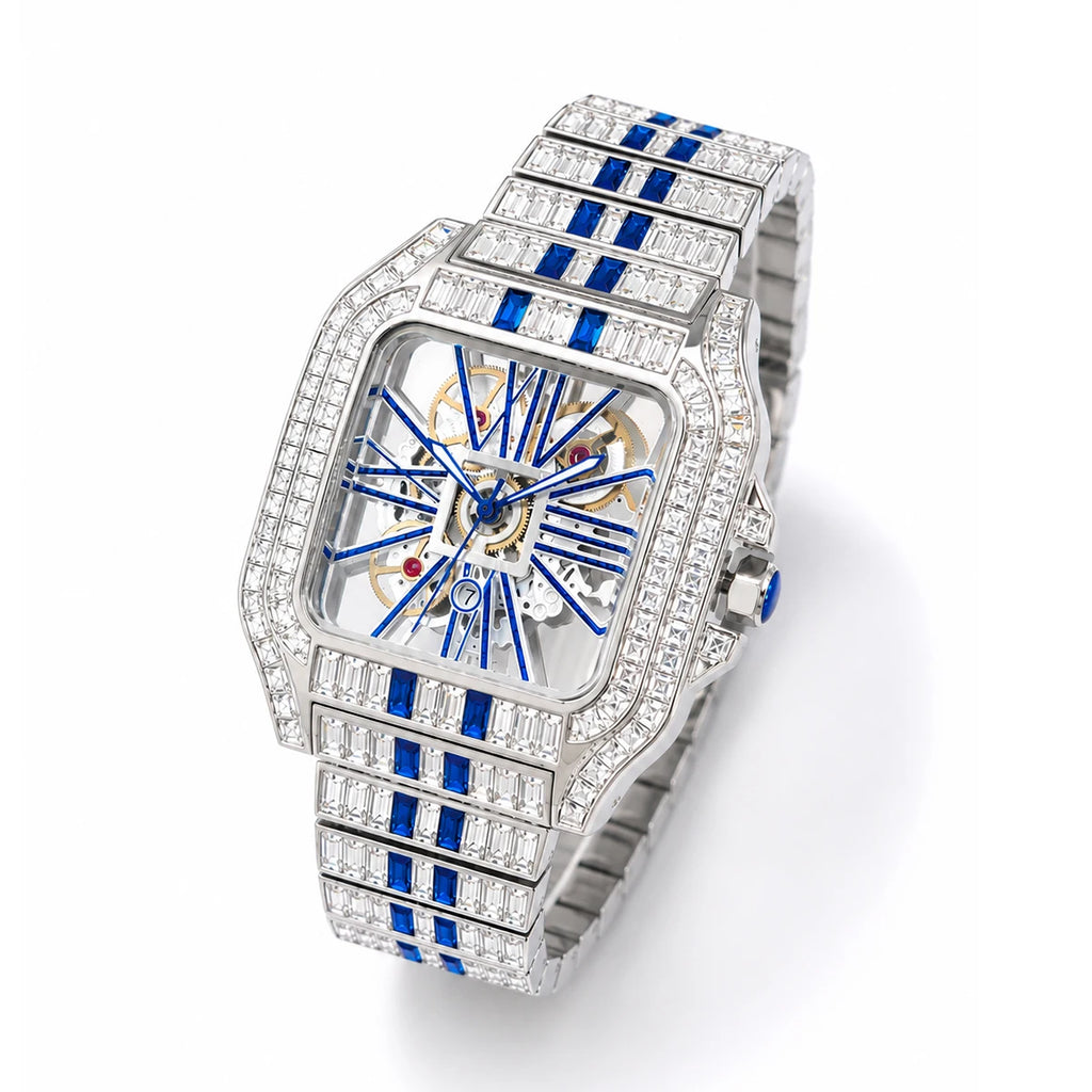 Men’s Blue Watches Sport Luxury Style Quartz Watches For Man Iced Rectangular Diamond Unique Square Hand Clock